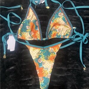 Teal Bydee Floral Print Triangle Bikini Set